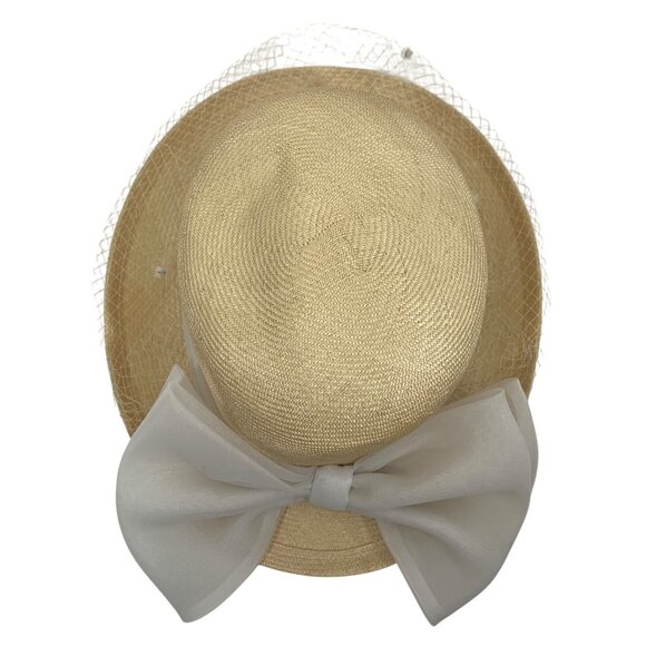 VTG USA Plaza Suite By Betmar Beige Straw Hat With White Bow + Netting Accents